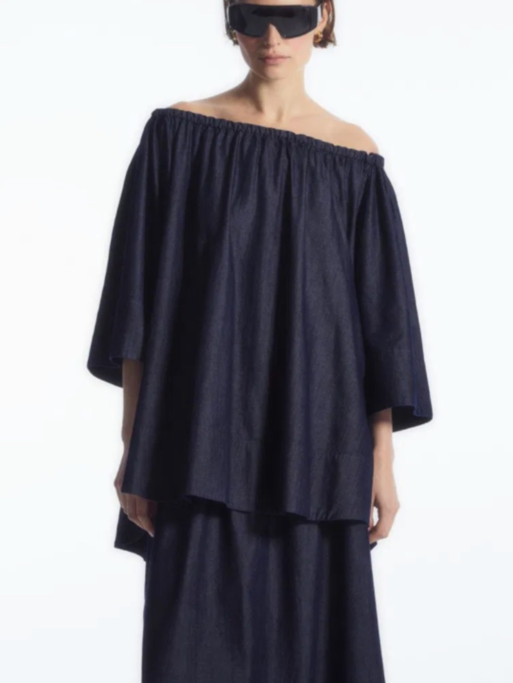 COS  Oversized Denim Off-The-Shoulder Blouse Elastic Neck Hi-Low hem Blousy Plus